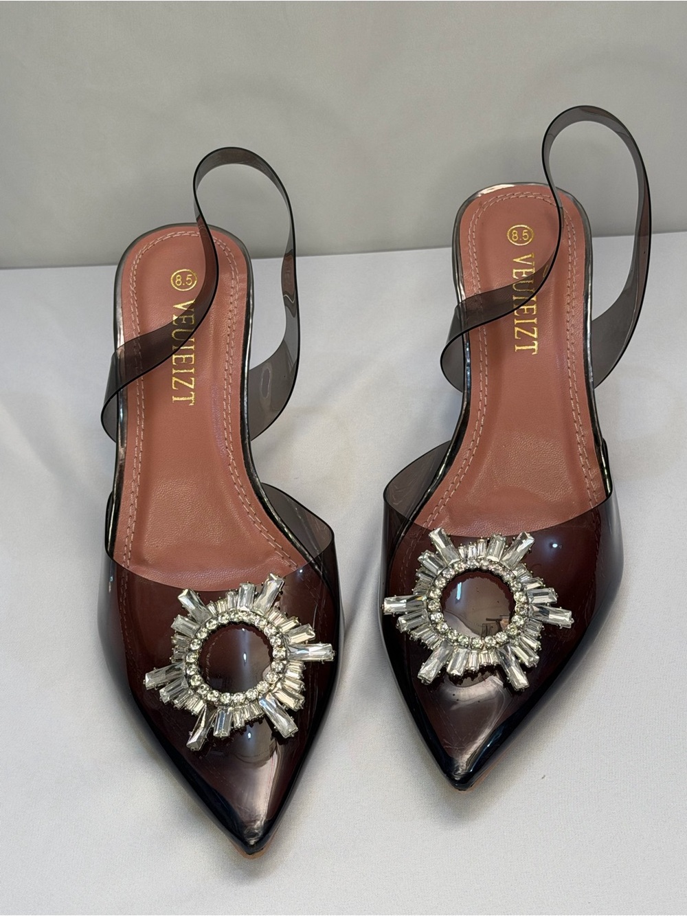 Princess Style Clear Rhinestone Pointed Toe Slingback Heels Size 8.5